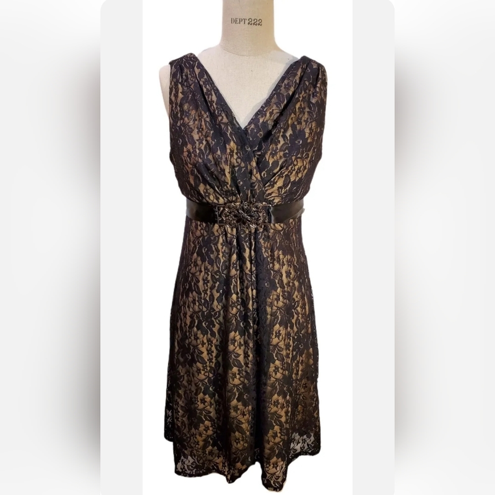 Monroe And Main Black Lace Fully Lined Dress With Jeweled Belt Size 10